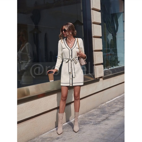 Beige Knit Belted Dress Long Sleeve, Button Through Contrast Black Piping Trim - Picture 2 of 11